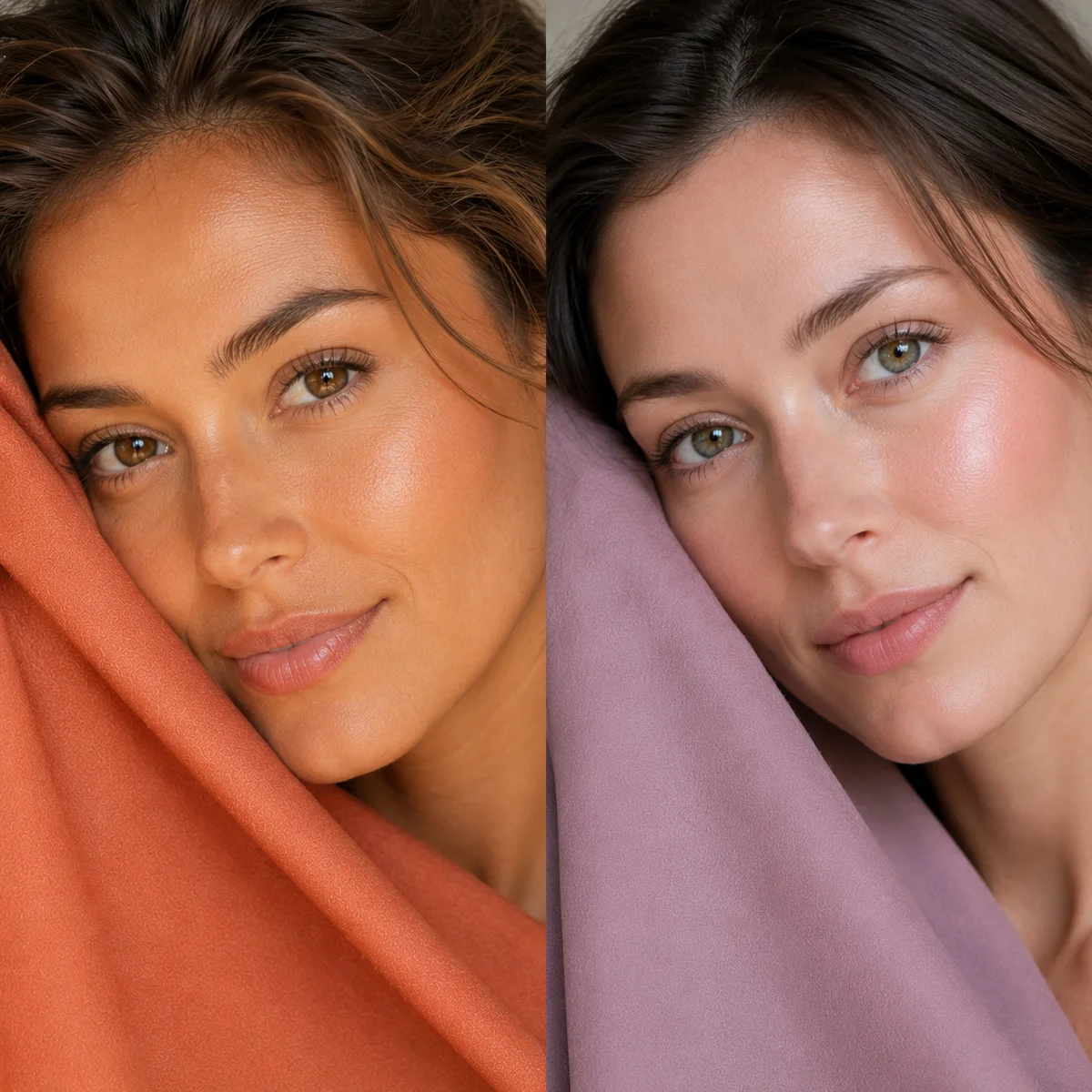 Two women shown side by side in natural window light — one with warm golden skin undertone, one with cool rosy skin undertone — each looking luminous in colors that match their undertone