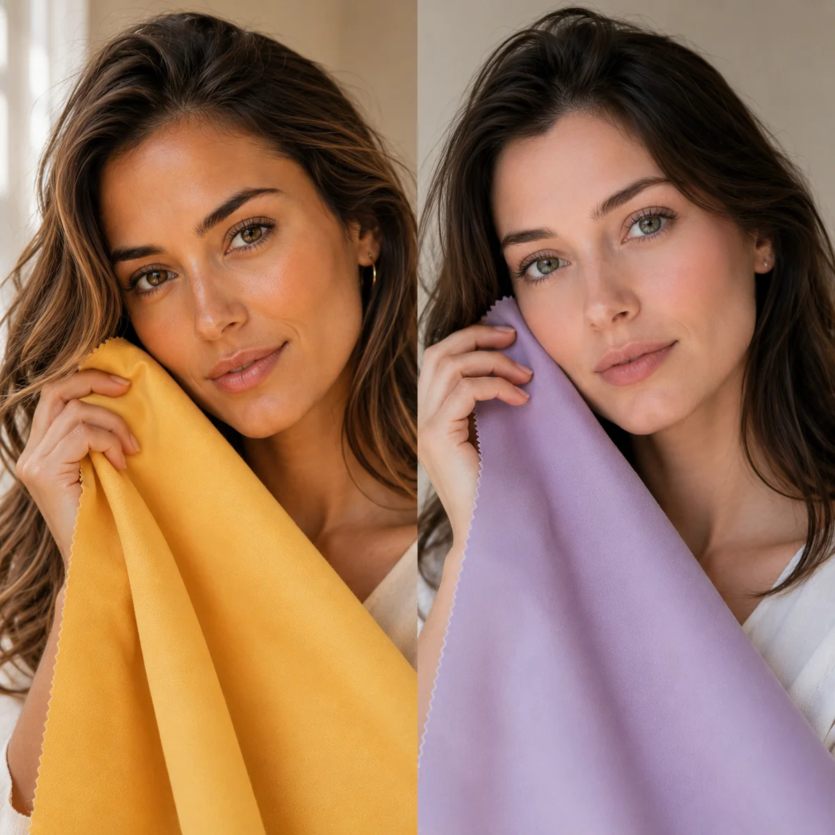 A woman holding a warm golden fabric swatch near her face with warm skin glowing, and a cool lavender swatch next to a woman with cool rosy skin looking radiant — demonstrating color draping in natural light
