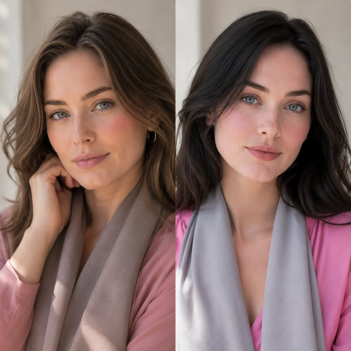 Side-by-side palette comparison of Soft Summer and Cool Summer — muted dusty rose vs clean cool rose in soft natural light