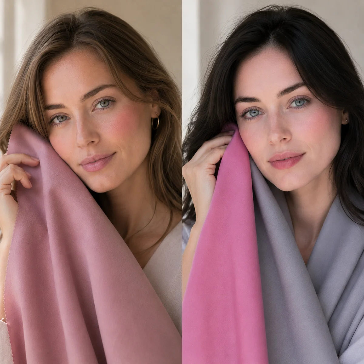 Side-by-side palette comparison of Soft Summer and Cool Summer — muted dusty rose vs clean cool rose in soft natural light