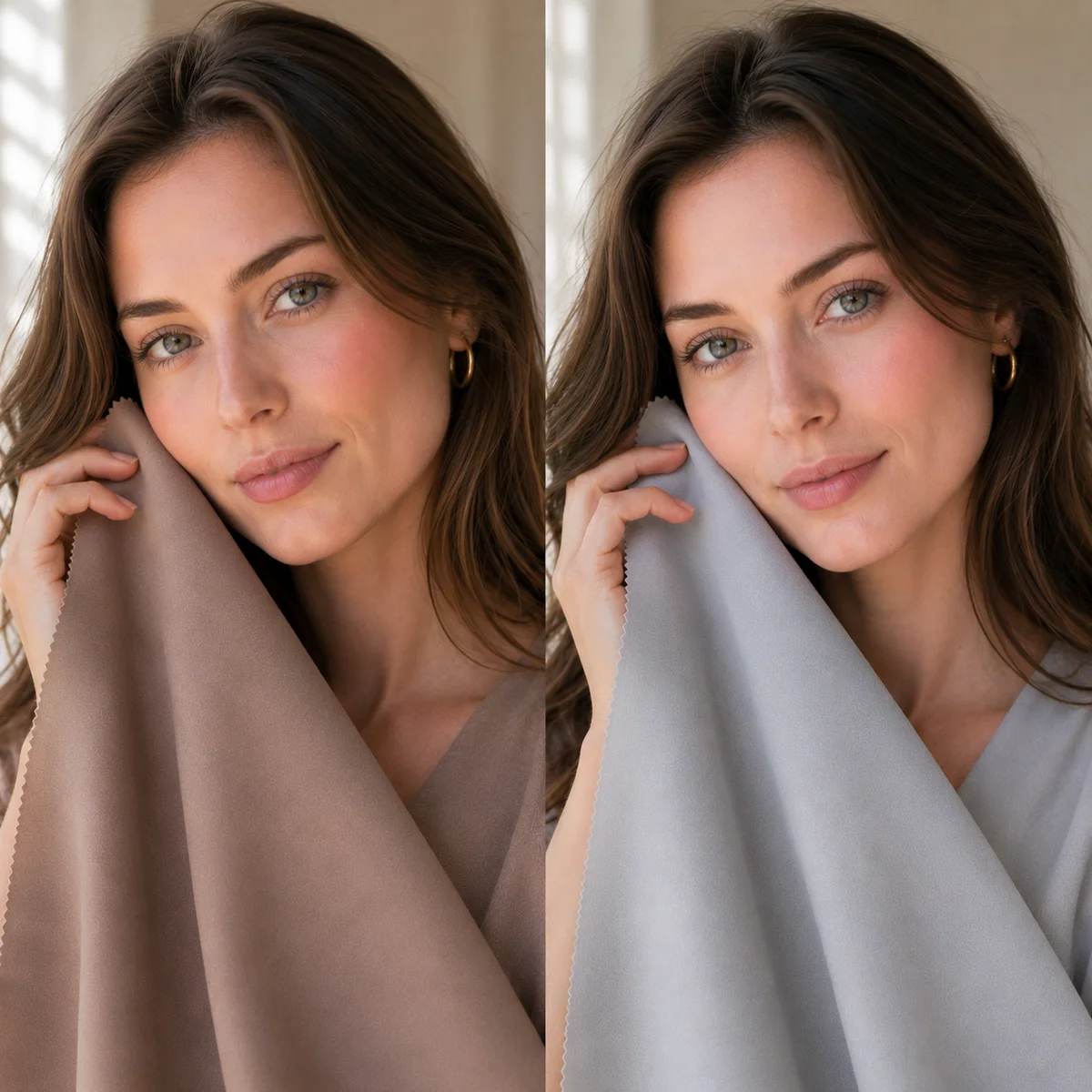 Woman holding fabric swatches near her face in natural daylight — a dusty warm taupe on one side and a cool dove gray on the other — showing how the right neutral swatch makes the skin look clearer and more defined, lifestyle beauty photography, no visible brand names or logos