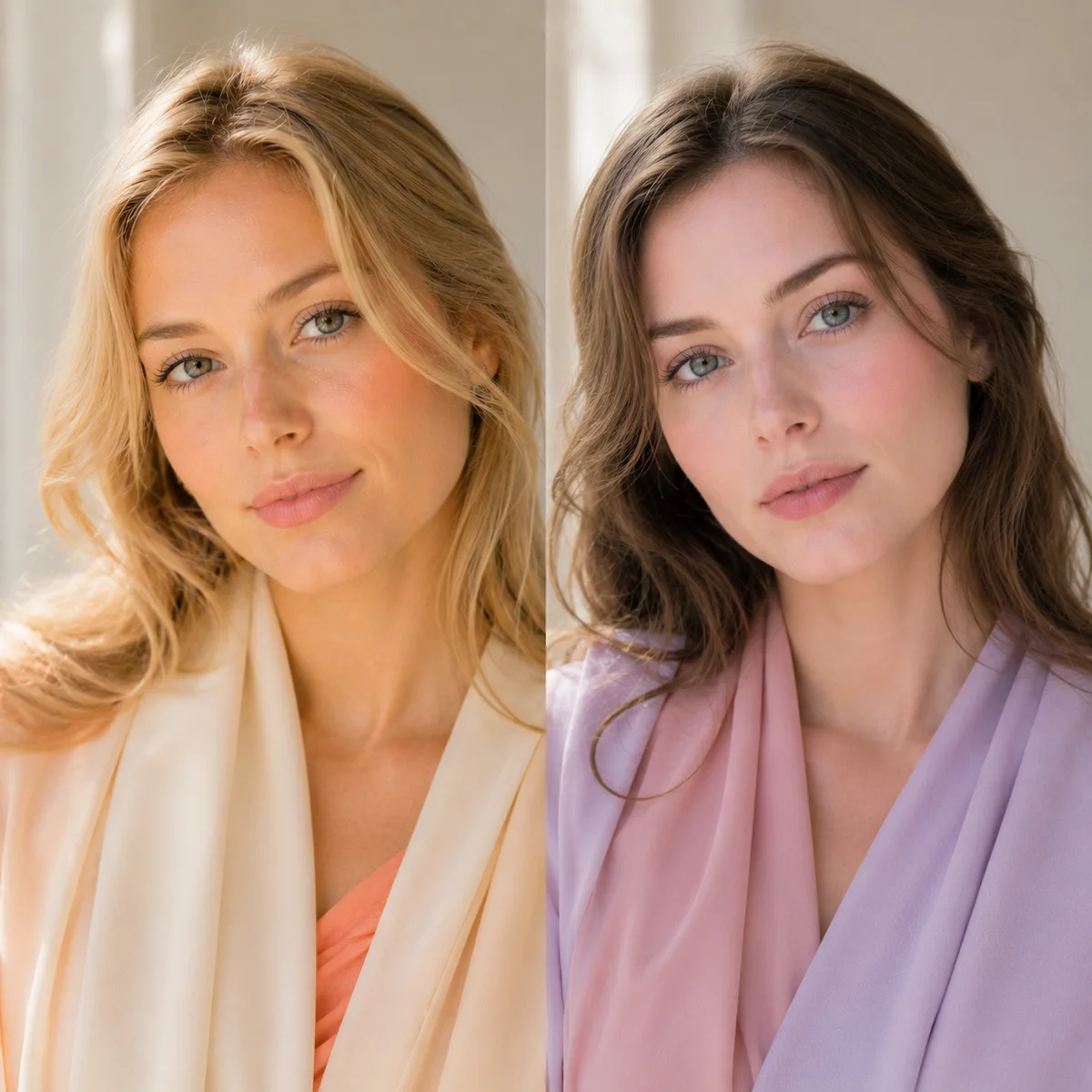 Light Spring vs Light Summer comparison — warm golden delicate coloring next to cool rosy delicate coloring in natural light