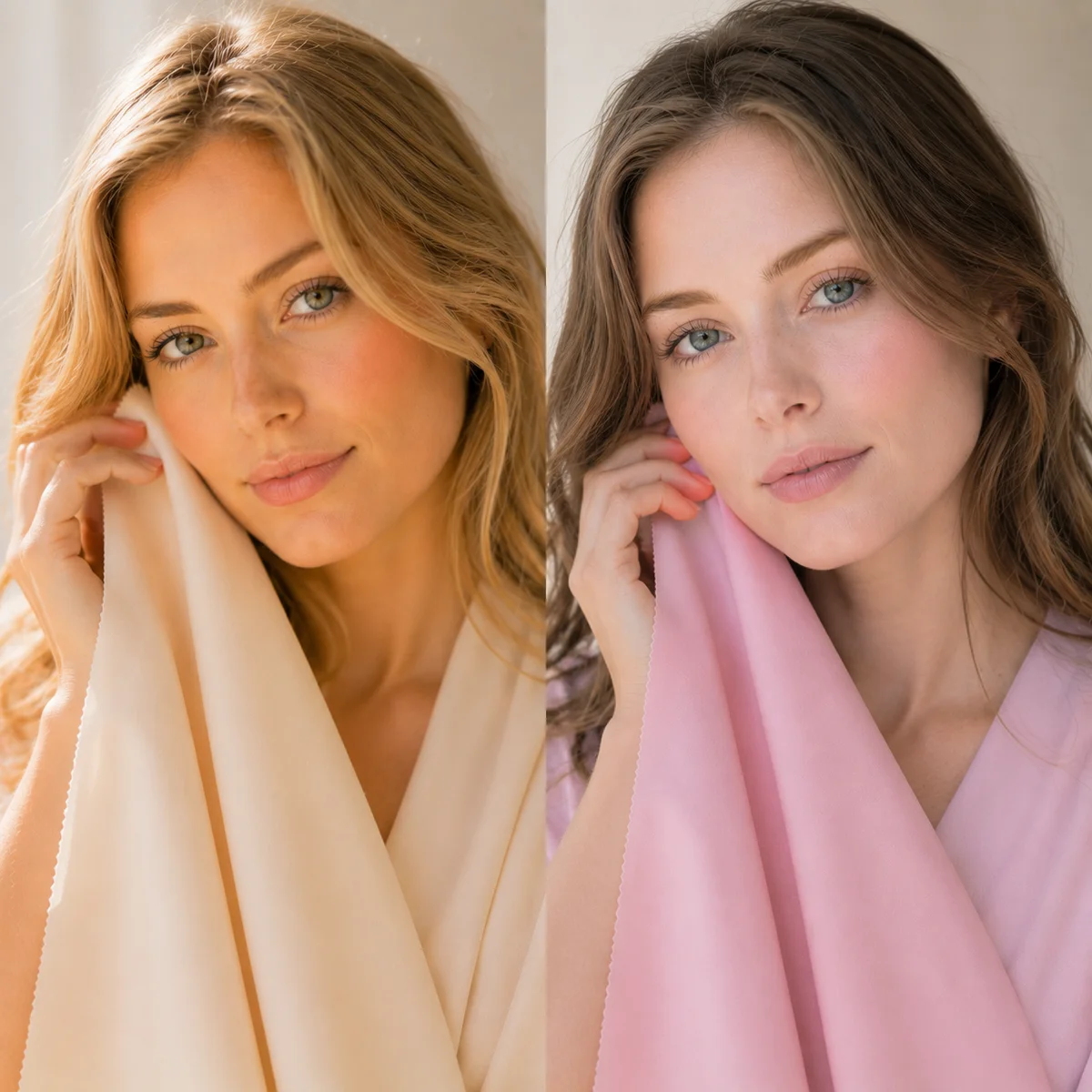 Two women shown side by side in soft natural window light — one with Light Spring warm golden delicate coloring wearing peachy ivory tones, one with Light Summer cool rosy delicate coloring wearing soft pink tones — editorial portrait photography, no visible brand names or logos