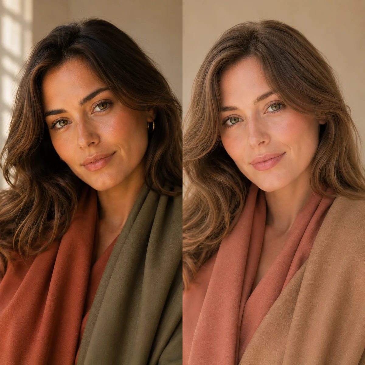 True Autumn vs Soft Autumn — rich earthy rust and olive tones compared to muted dusty versions in warm natural light