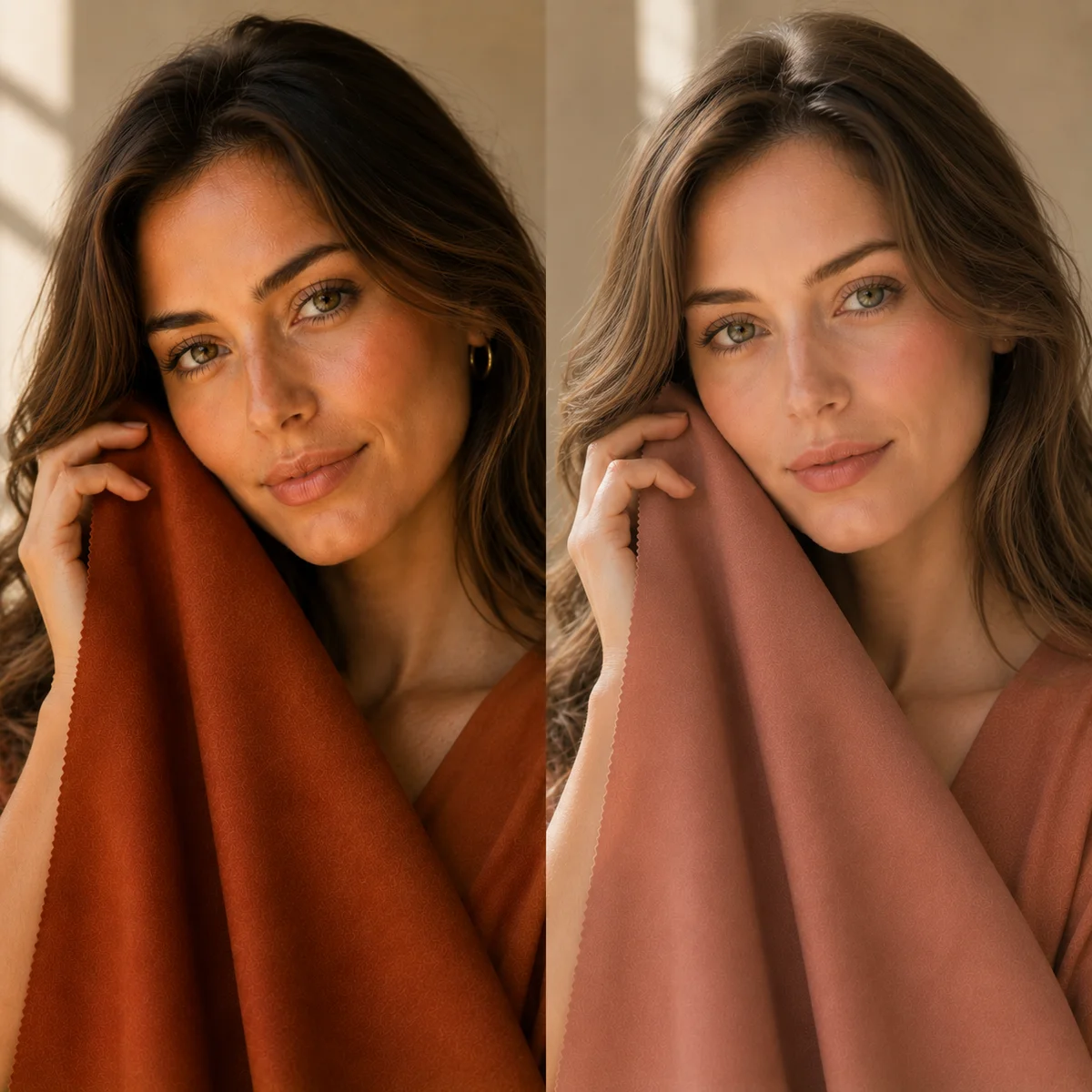 Two women shown side by side in warm natural light — one with True Autumn rich coloring wearing deep rust and olive tones, one with Soft Autumn muted coloring wearing dusty terracotta and soft camel tones — editorial portrait photography, no visible brand names or logos