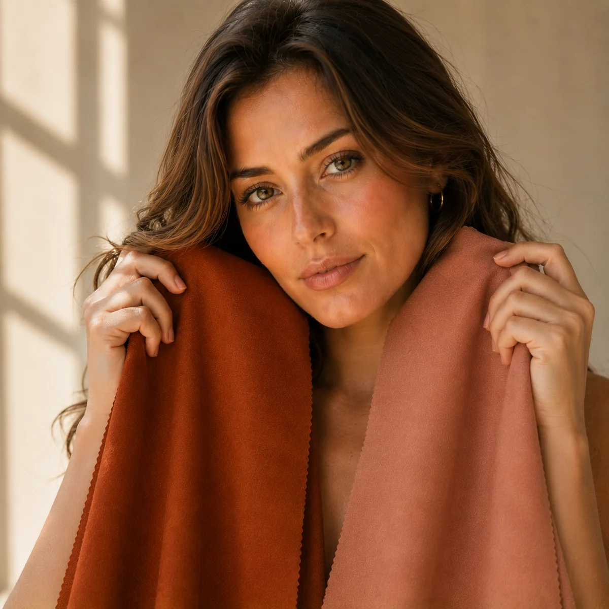 Woman holding two fabric swatches near her face in warm natural light — a rich deep rust swatch on one side and a soft dusty terracotta swatch on the other — showing how the saturation difference between True Autumn and Soft Autumn looks on skin, lifestyle beauty photography, no visible brand names or logos