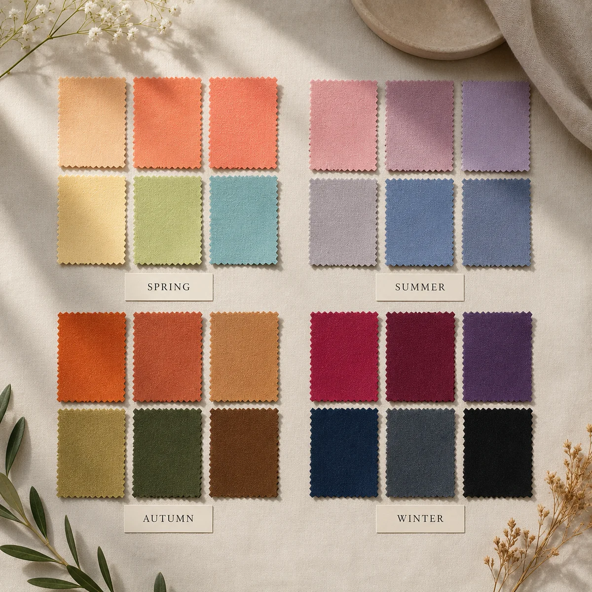 Twelve personal color season palettes showing Spring, Summer, Autumn, and Winter families in a visual grid