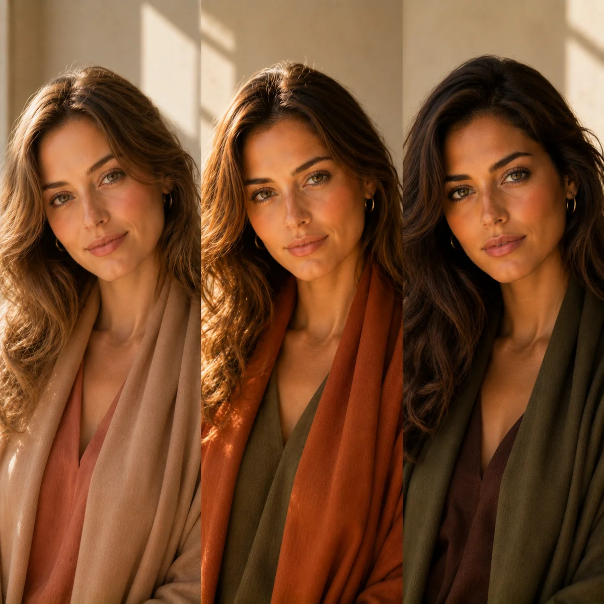 Three Autumn personal color types shown side by side in warm golden light — Soft Autumn in dusty camel and muted terracotta, True Autumn in rich rust and olive green, Deep Autumn in deep chocolate brown and dark olive — editorial portrait photography, no visible brand names or logos