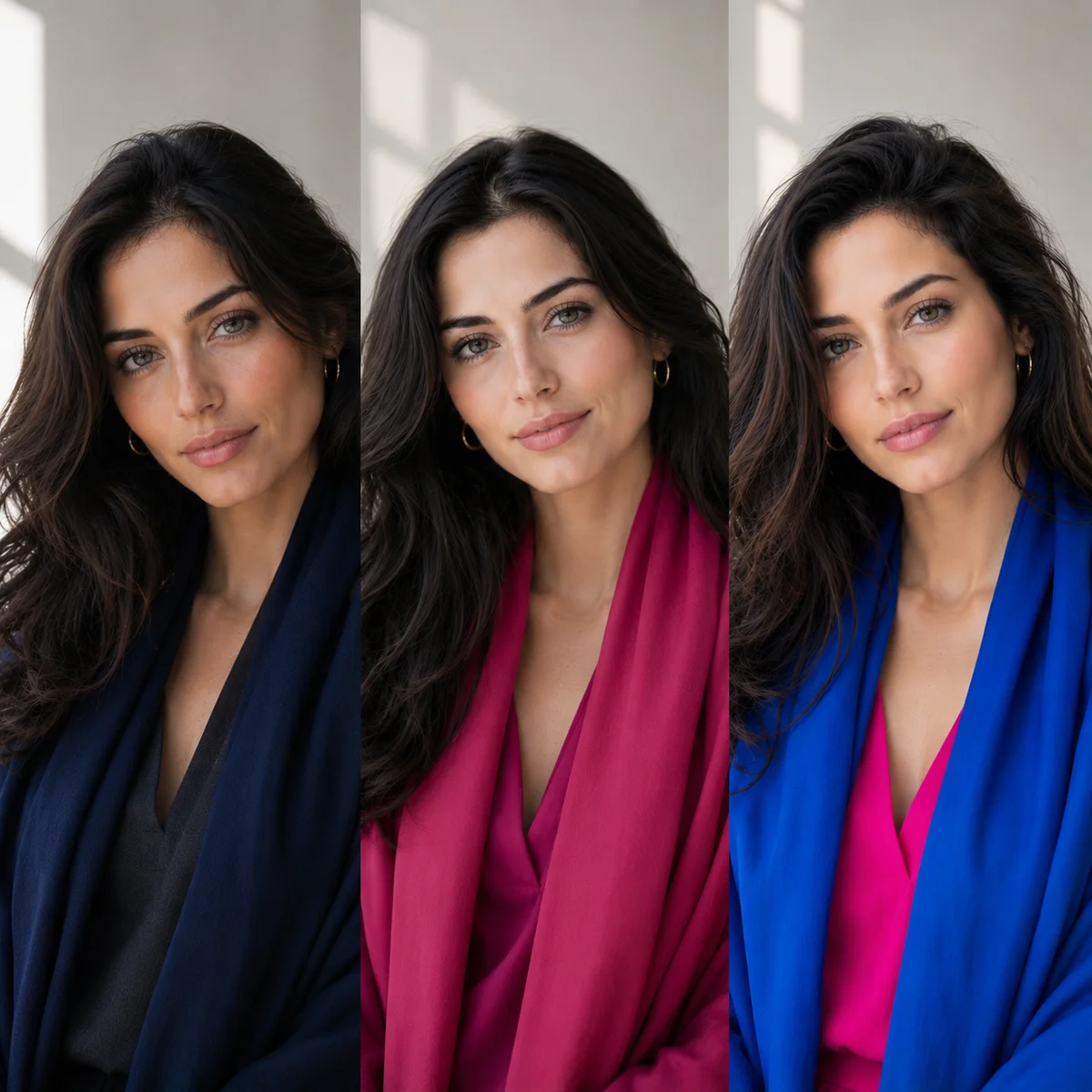 Three Winter personal color types shown side by side in cool neutral light — Deep Winter in deep navy and charcoal, True Winter in stark black and white with cool rose, Bright Winter in vivid cool pink and bright blue — editorial portrait photography, no visible brand names or logos