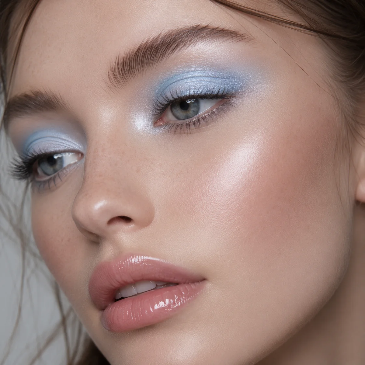 Close-up of a frosted icy blue eyeshadow look with a pearly white inner-corner highlight