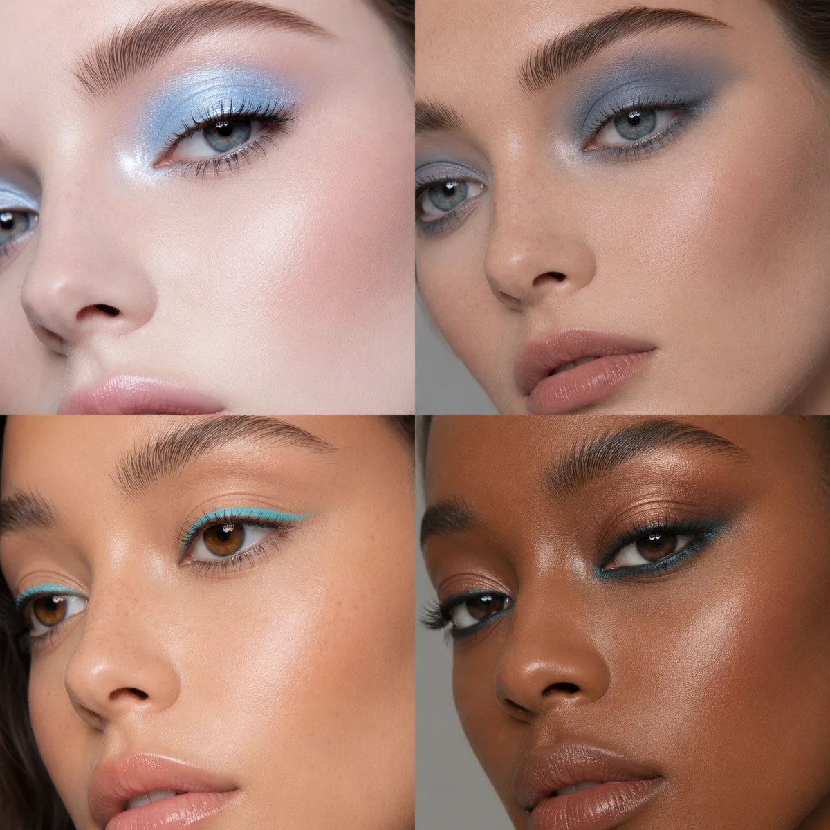 Four close-up beauty shots in an editorial grid showing different seasonal interpretations of blue eyeshadow, from a full icy wash to a thin teal liner