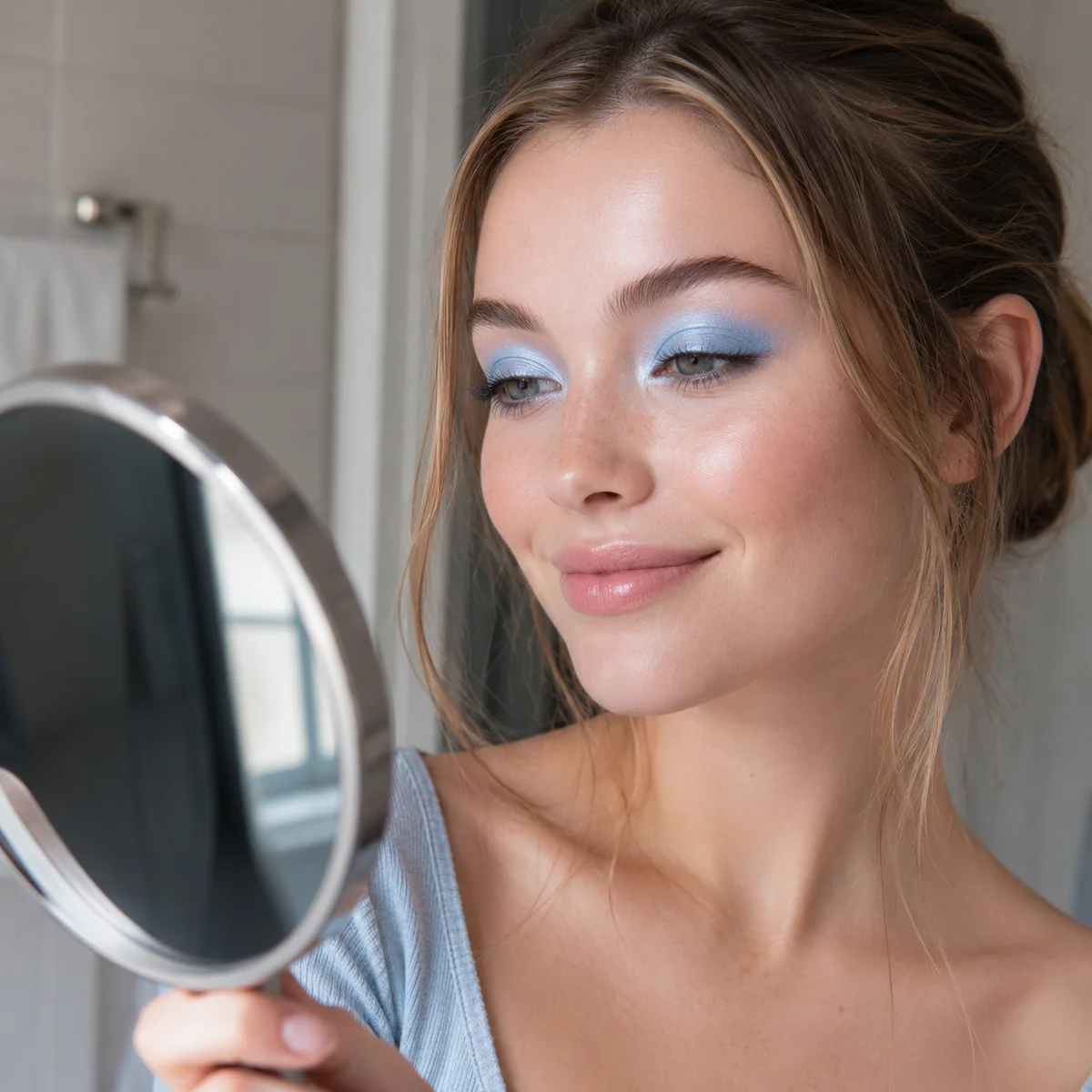Young woman checking her finished frosted icy blue eyeshadow look in a handheld mirror with a satisfied smile