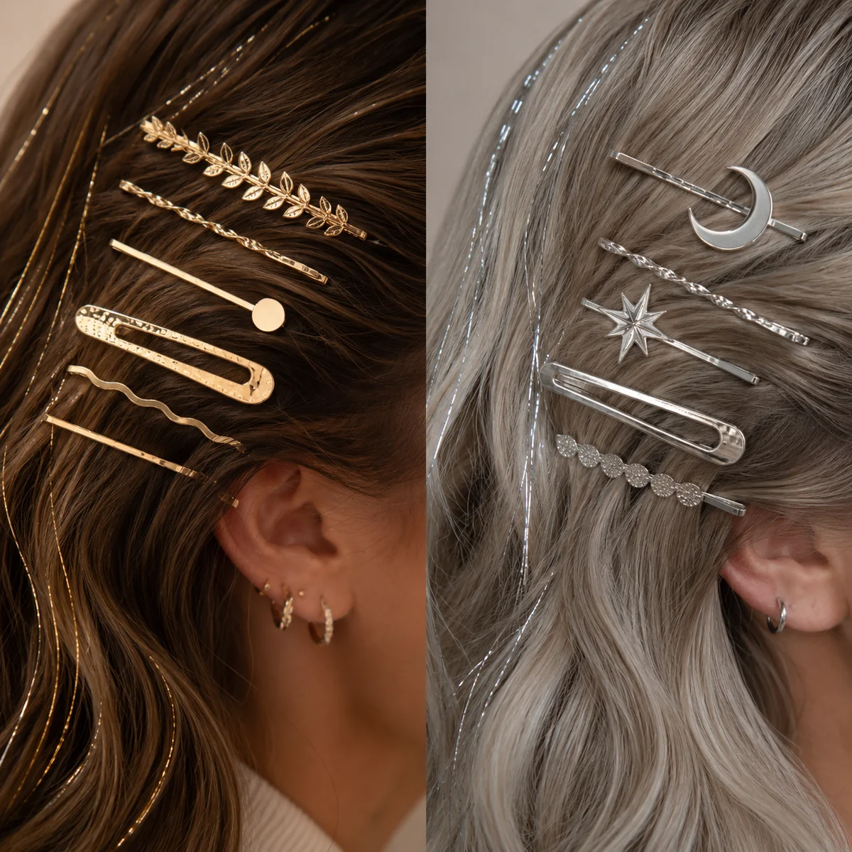 Side-by-side comparison of warm gold hair jewelry styled in warm-toned hair and cool silver hair jewelry styled in cool-toned hair