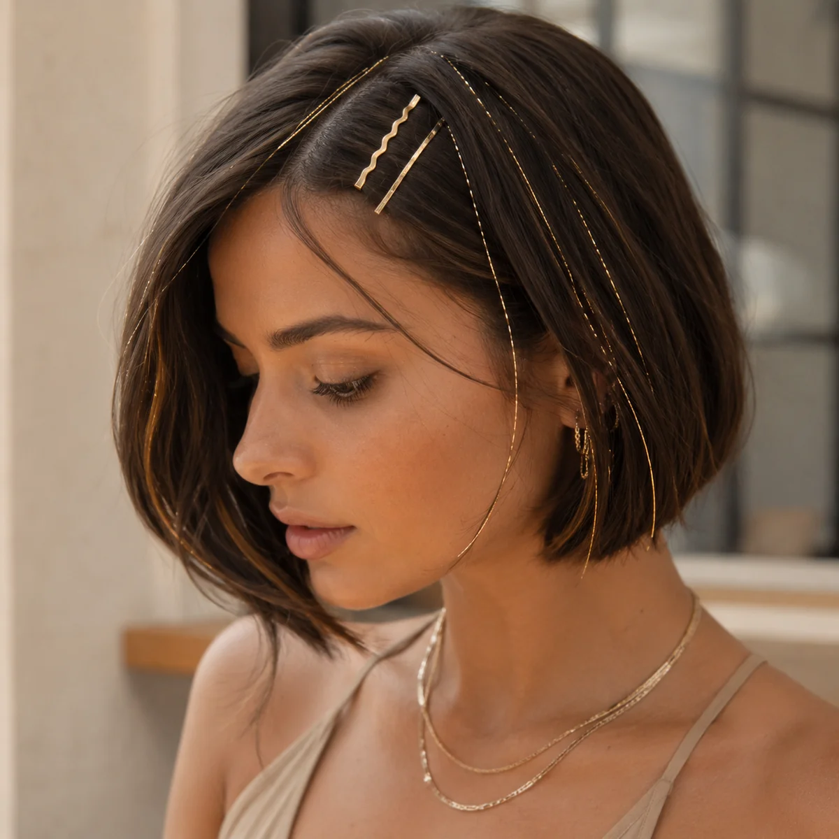 Woman with a short Italian bob haircut wearing a few delicate gold hair clips and fine gold hair tinsel