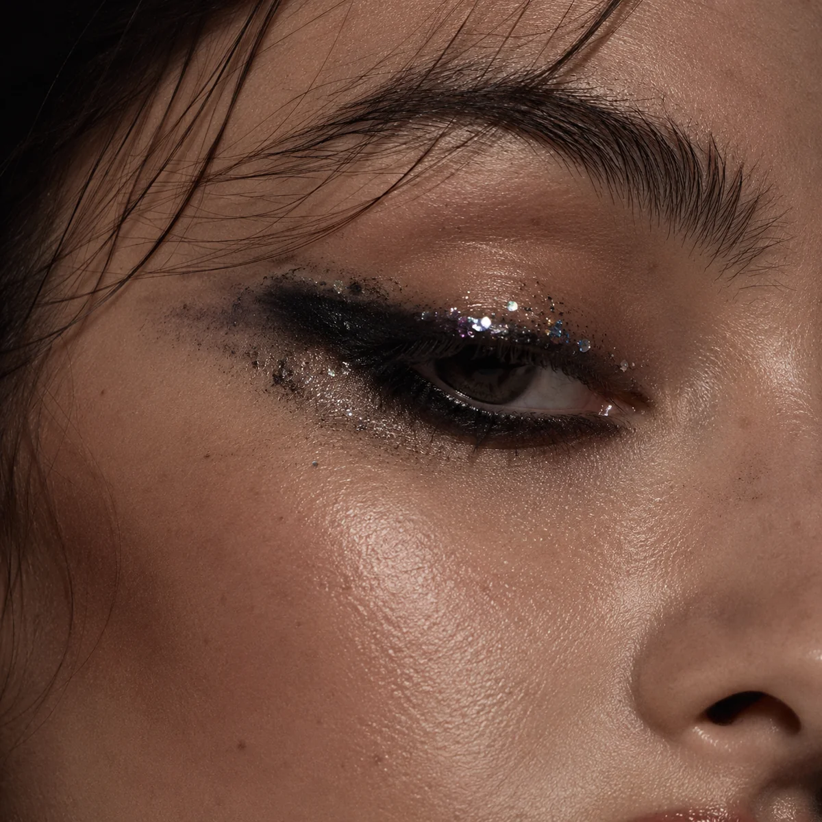 Close-up of smudged, asymmetric moody eyeliner with unevenly placed glitter