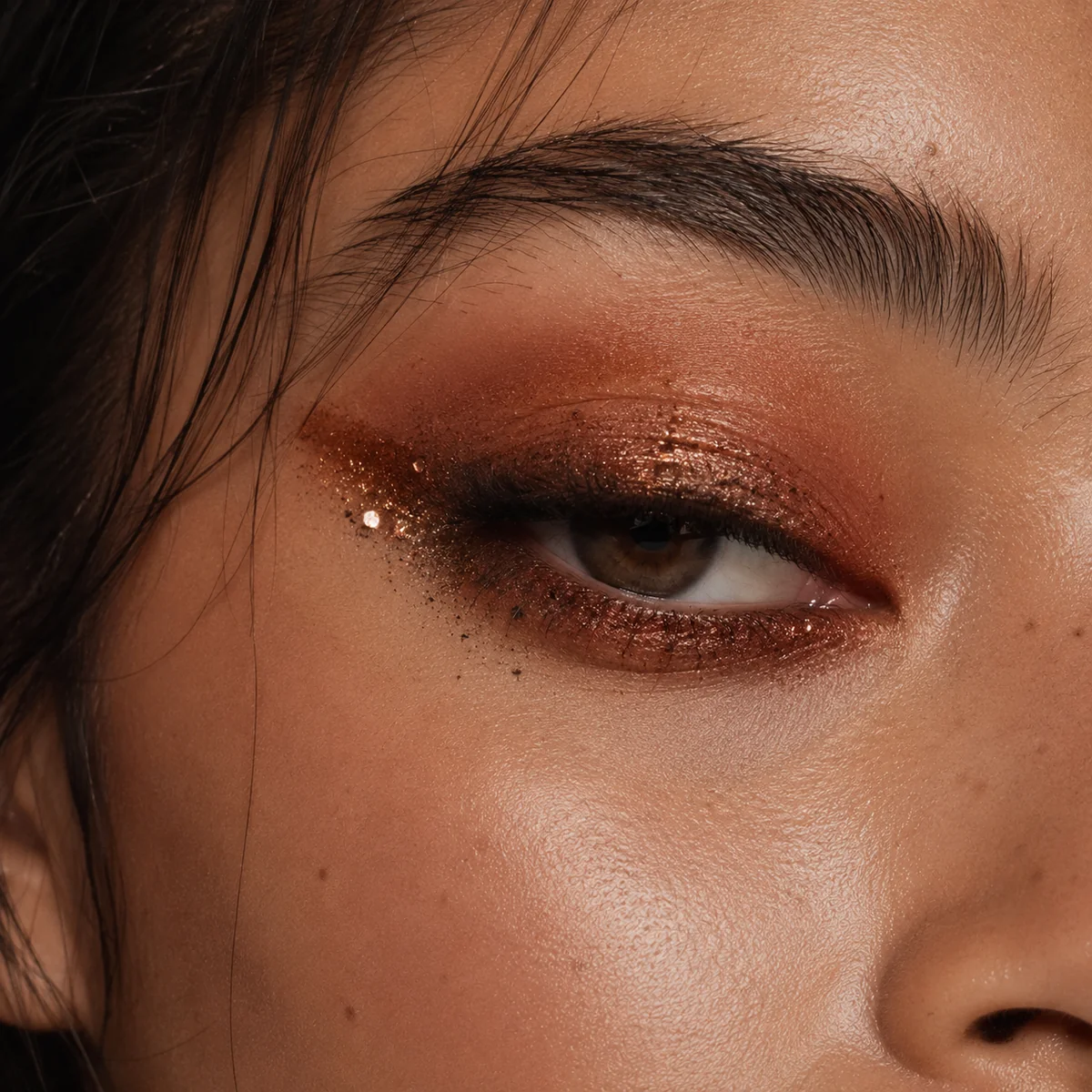 Close-up of warm-toned smudged bronze and rust eye makeup with asymmetric glitter placement