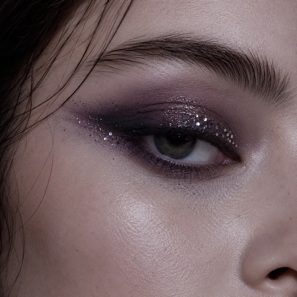 Close-up of cool-toned smudged plum and charcoal eye makeup with asymmetric glitter placement