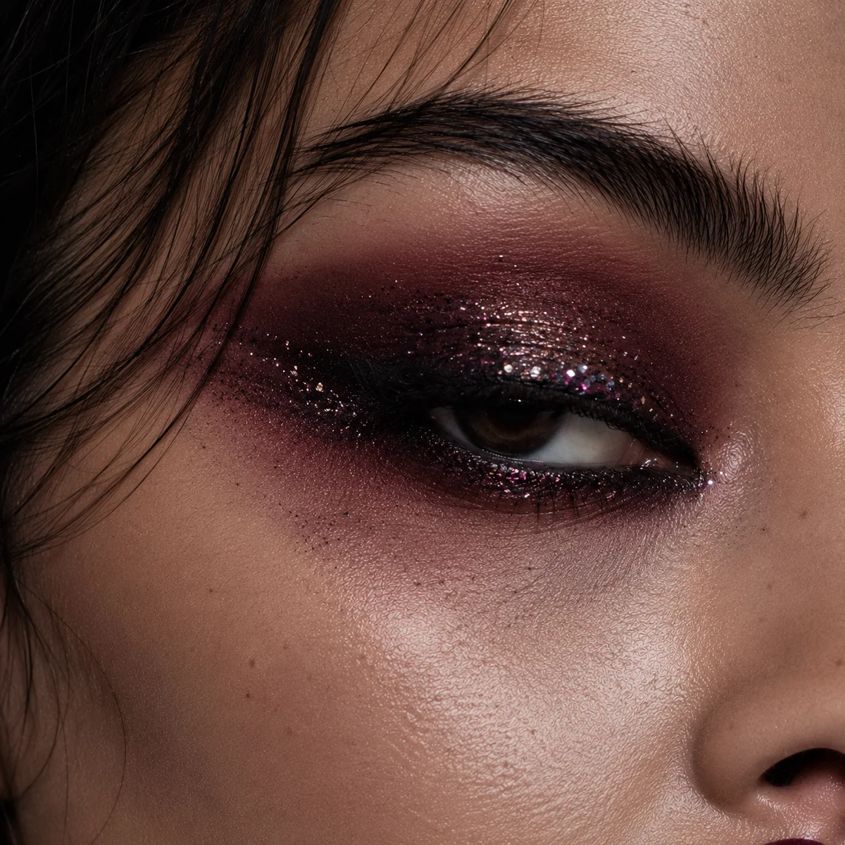Bold nighttime version of glitchy glam makeup with heavy asymmetric smudged liner and dense glitter