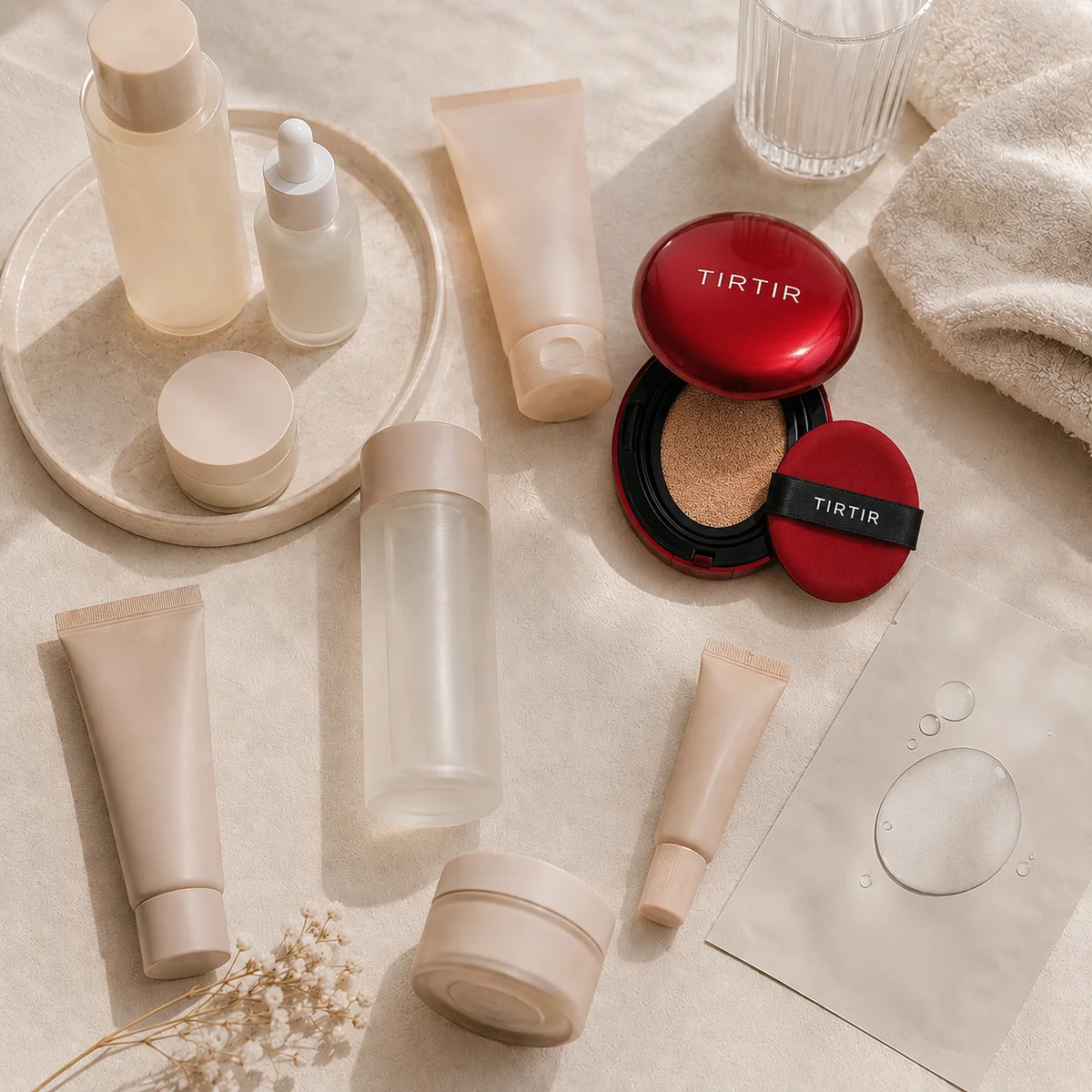 Top-down flat lay of K-beauty skincare and cushion foundation products in soft neutral packaging on a beige vanity