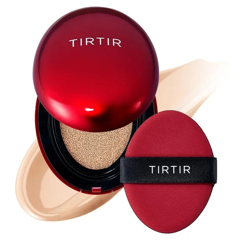 TirTir Mask Fit Red Cushion compact open showing the sponge applicator and a foundation shade swatch