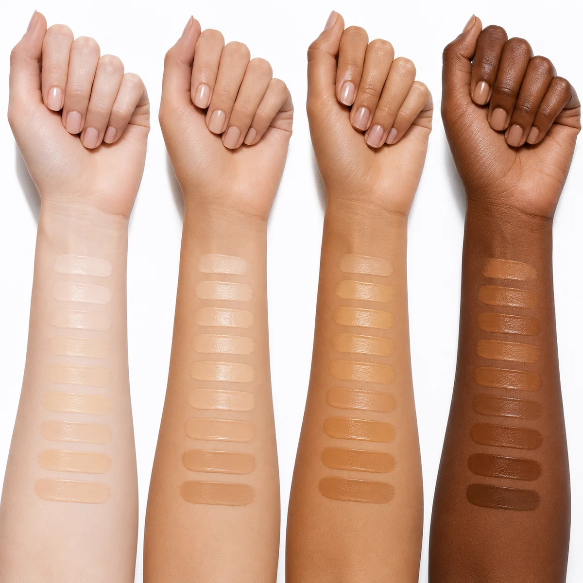 Four hands side by side showing foundation swatches from fair-cool to deep-warm undertones on a white background