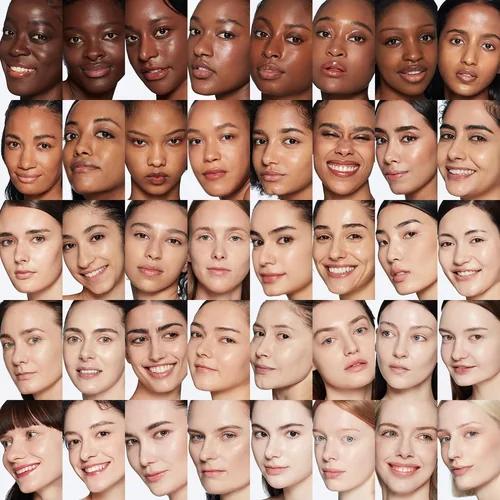 Grid of diverse models showing the full shade range of TirTir Mask Fit Red Cushion across skin tones