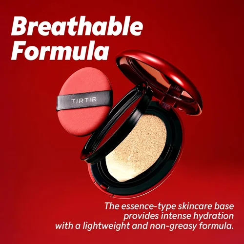 TirTir Mask Fit Red Cushion marketing graphic highlighting its breathable, hydrating cushion formula