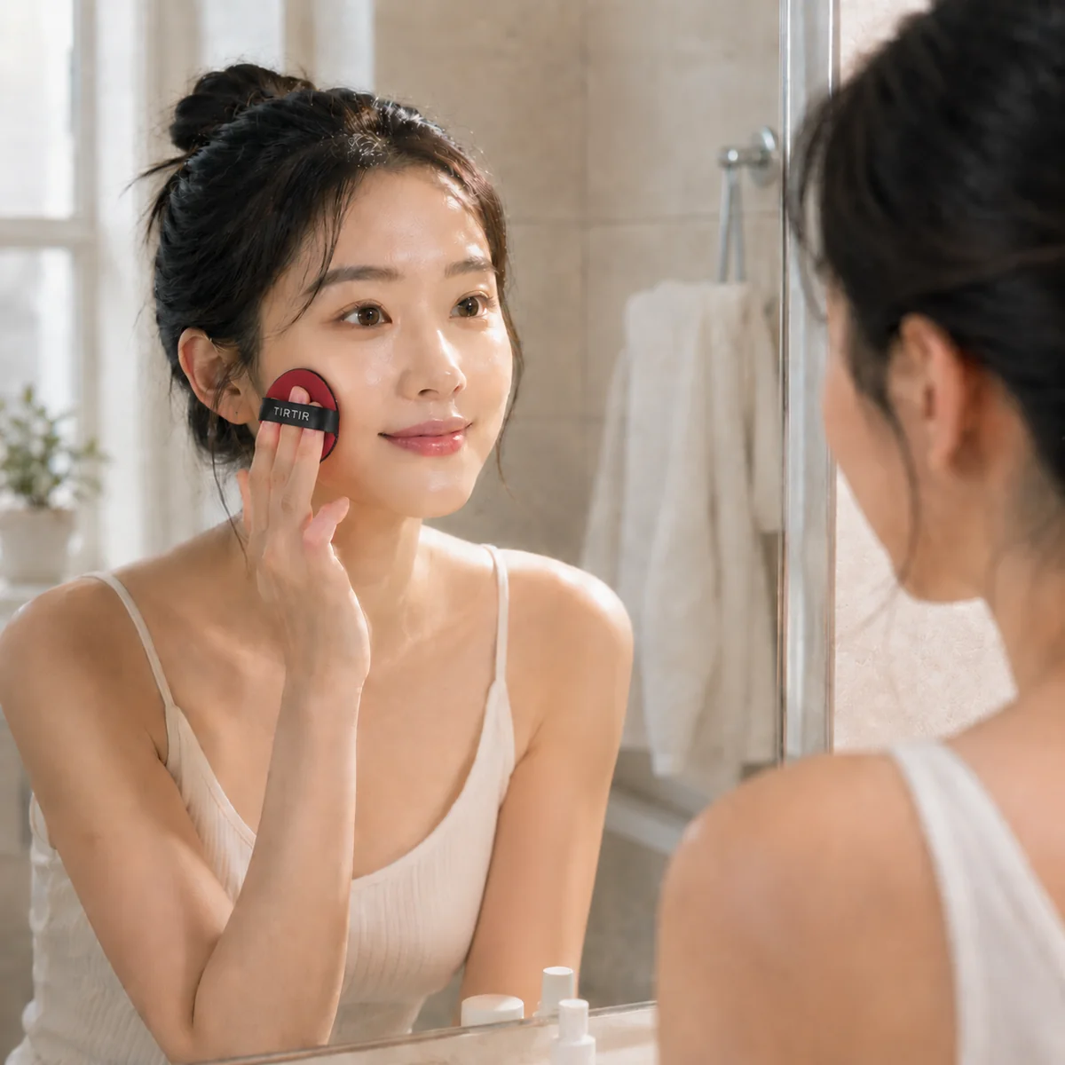 Woman applying cushion foundation with a makeup sponge in front of a bathroom mirror in soft morning light