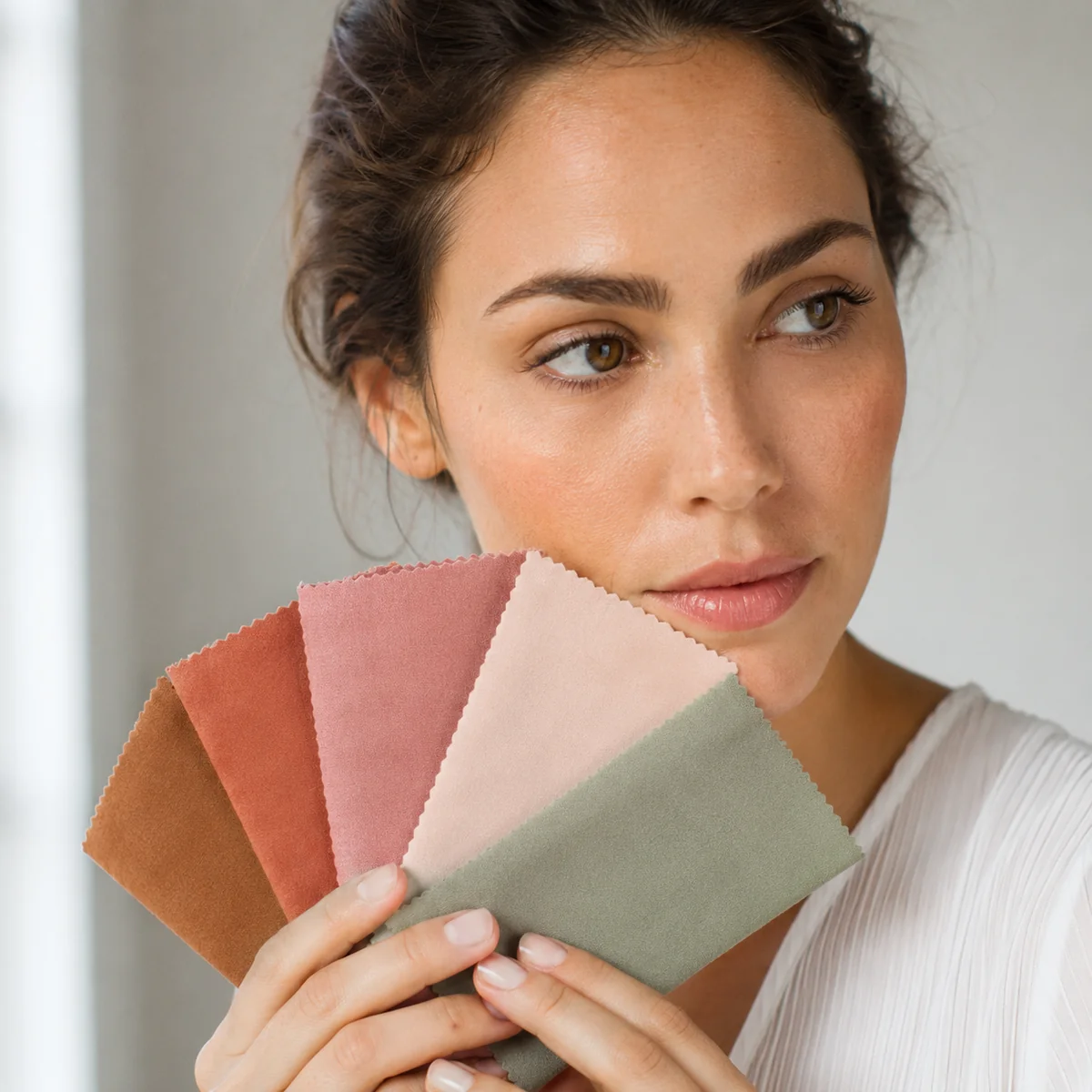 Woman holding fabric color swatches near her face to test which tone flatters her skin