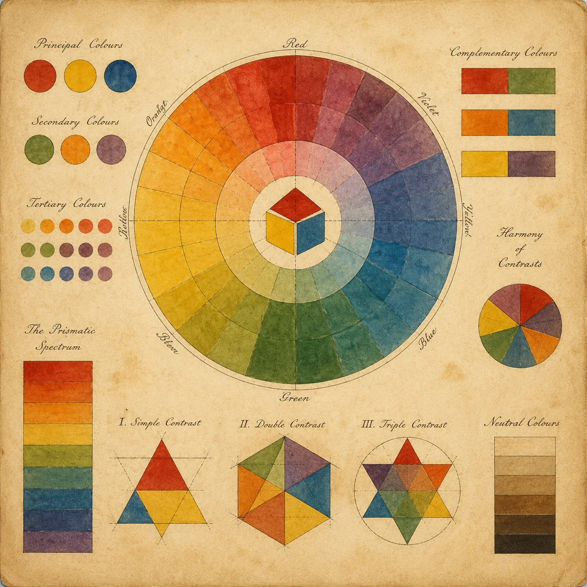 Vintage-style illustration of a color wheel and color theory diagrams on an aged paper background, artistic reference to 19th-century color science