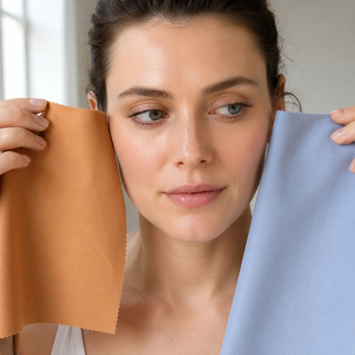 Close-up beauty editorial shot of two fabric swatches in contrasting warm and cool tones held on either side of a woman's face in natural daylight