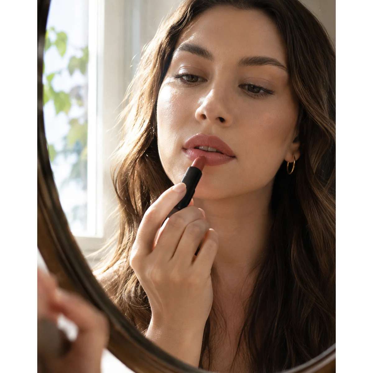 Close-up photo of a woman applying lipstick in front of a mirror near a sunlit window, natural daylight testing moment