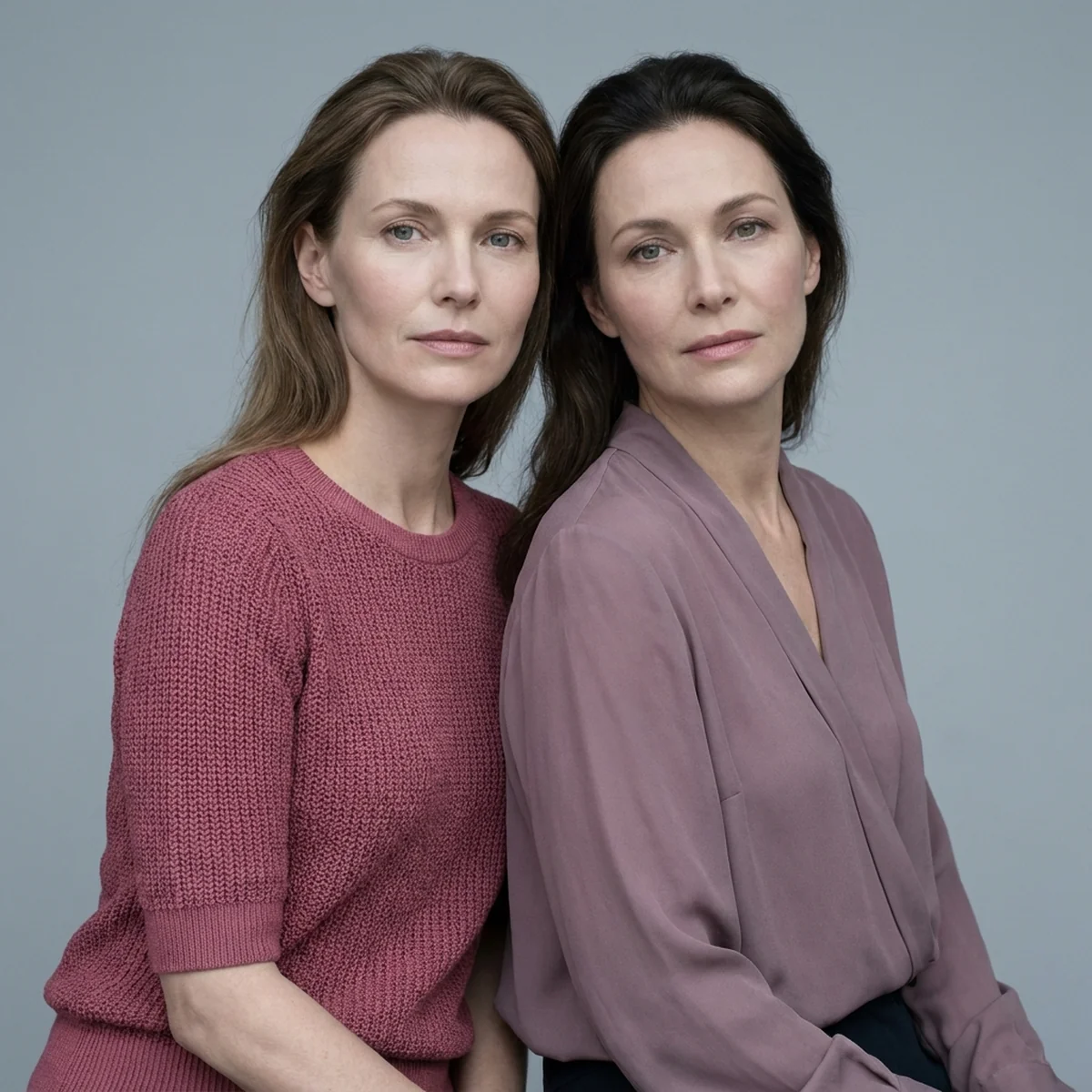 Two women side by side in soft daylight — one in a clear rose-berry top, one in a muted, hazy dusty mauve top