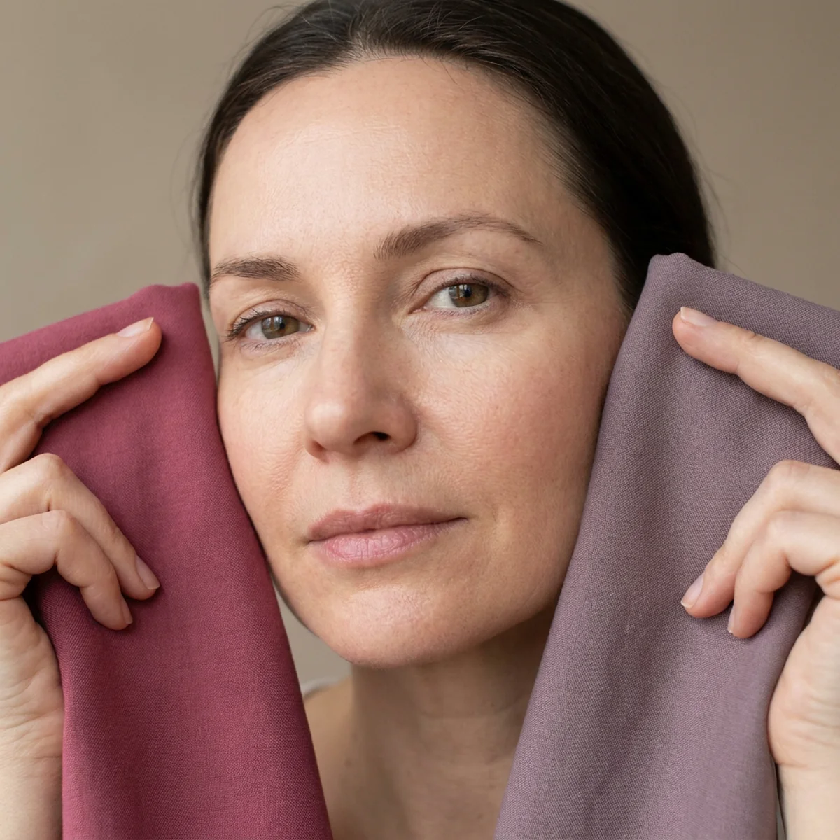 Woman comparing a clear rose-berry swatch and a grayed dusty mauve swatch beside her face to find her season