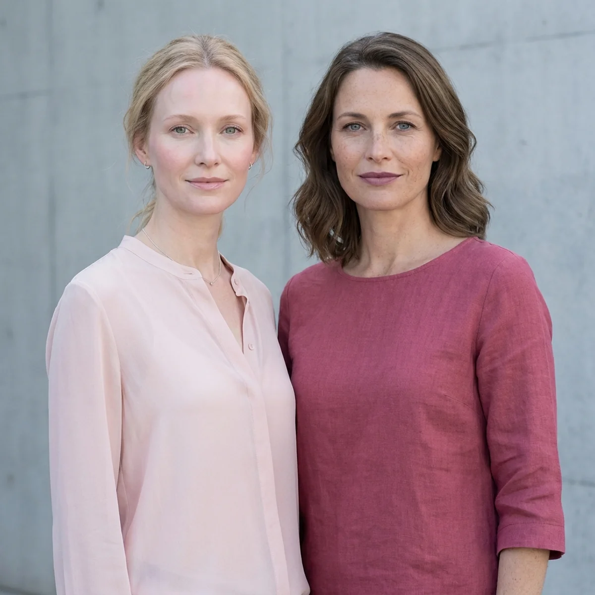 Two women side by side in cool daylight — one light in pale rosewater pink, one deeper in a muted raspberry top