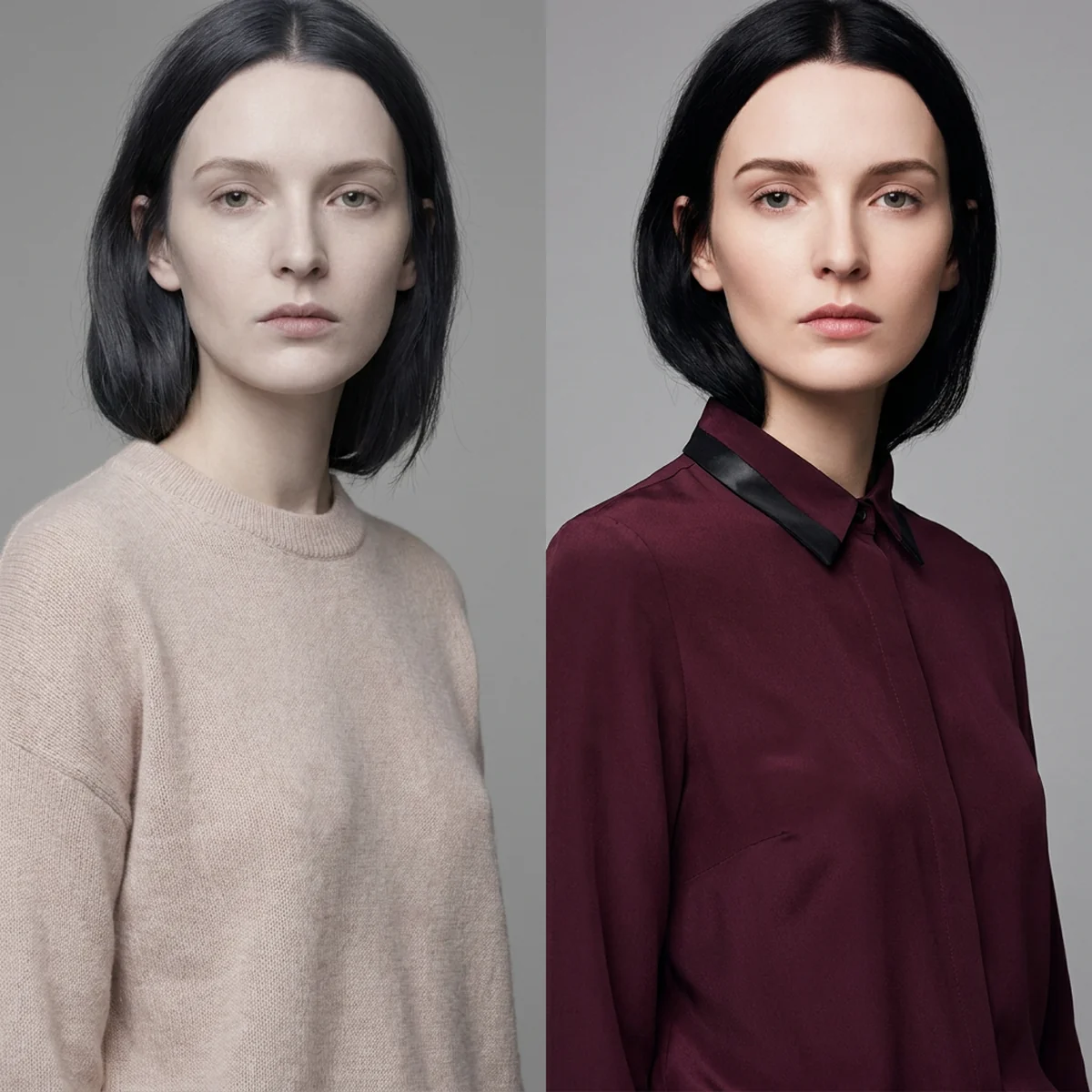 A woman with deep, high-contrast coloring looking dimmed in pale pastel, beside the same look in rich burgundy and ink black