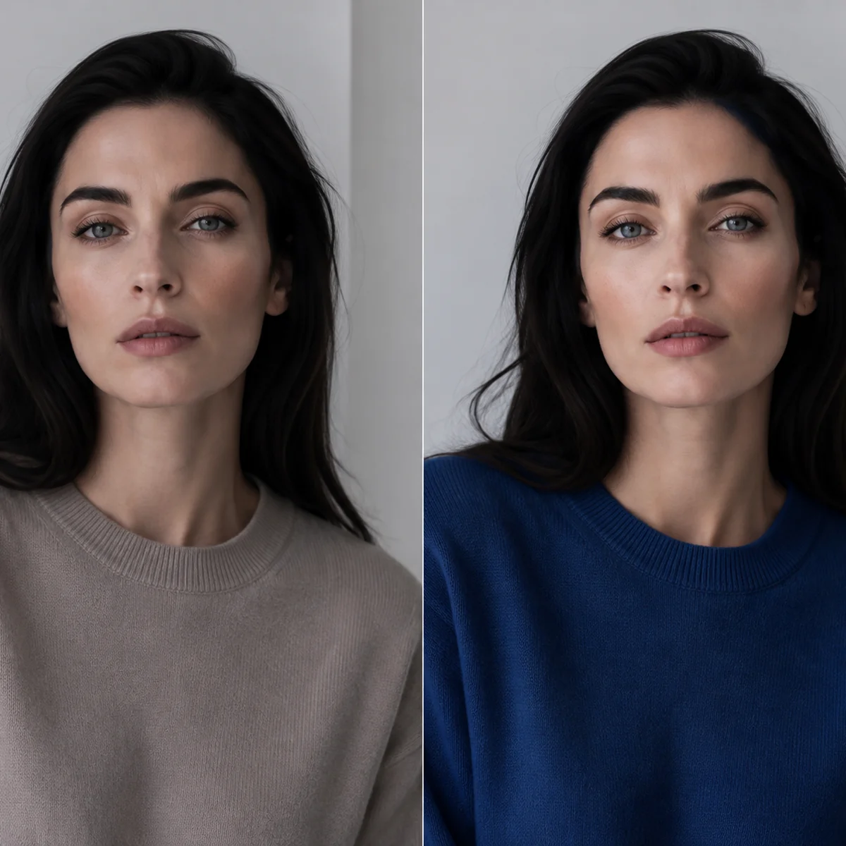 Split comparison of a deep-contrast woman muted in dusty beige versus restored and defined in sapphire blue