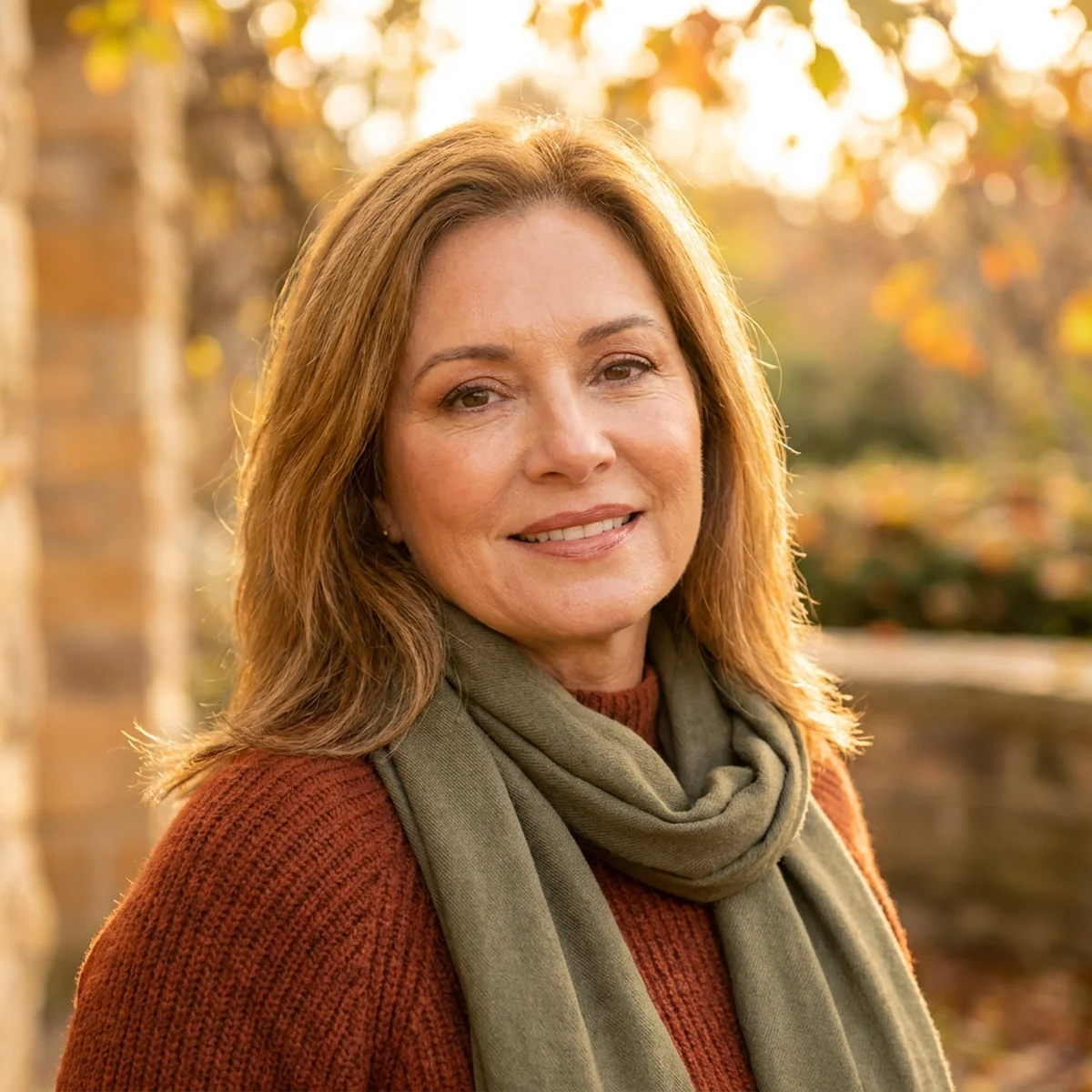 A woman with warm golden-brown autumn coloring glowing in a rust sweater and olive scarf in soft golden-hour light