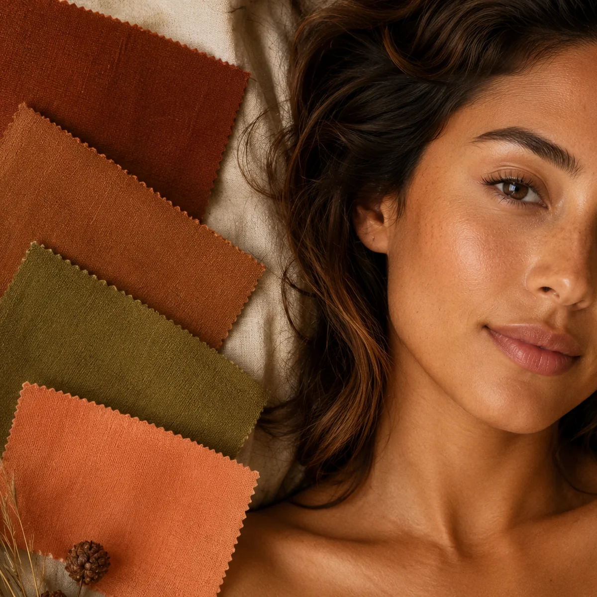 Flat lay of cinnamon, maple brown, moss green, and roasted apricot swatches beside warm golden-brown skin and hair