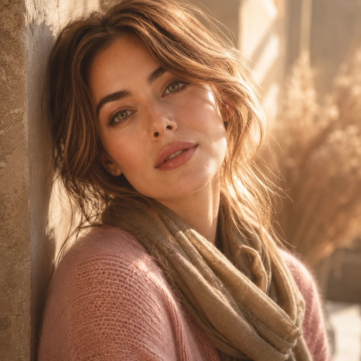 A woman with soft, muted warm autumn coloring glowing in a tea-rose sweater with olive-taupe accents in hazy golden light