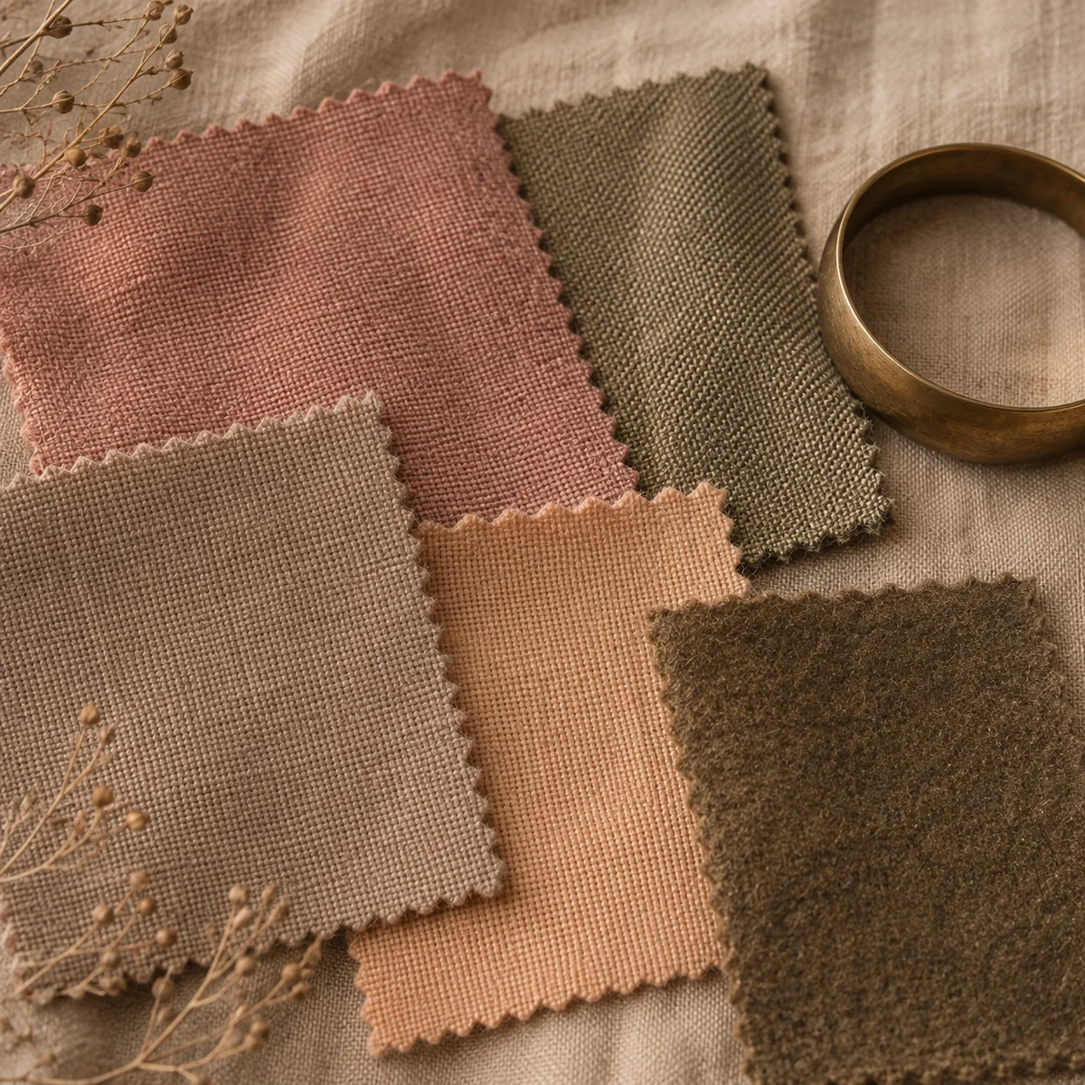 Flat lay of muted autumn swatches — tea rose, olive taupe, camel mist, apricot beige — with an antique brass bracelet