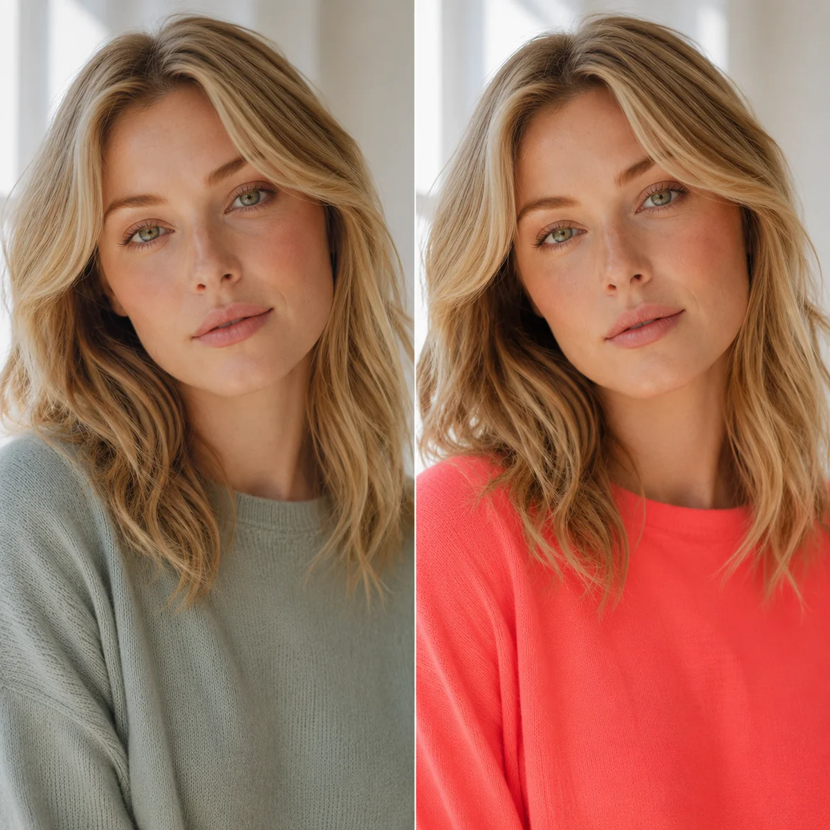Split comparison of a woman with bright, clear spring coloring — muted in a dusty gray-green sweater on one side, vibrant in a clear coral top on the other